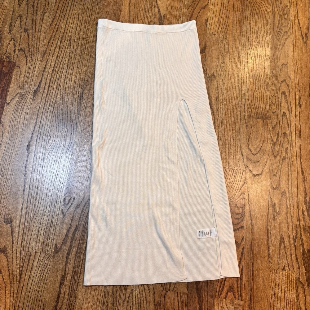 Garage Ribbed Knit Midi Pencil Skirt‎ Ivory Cream Side Slit Stretch Size M
